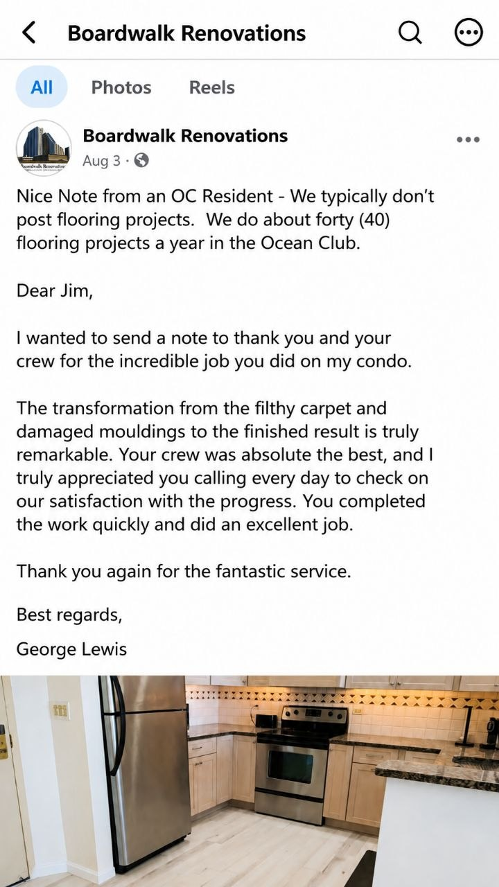 Customer testimonial praising Boardwalk Renovations' condo flooring work, with the finished kitchen shown below.