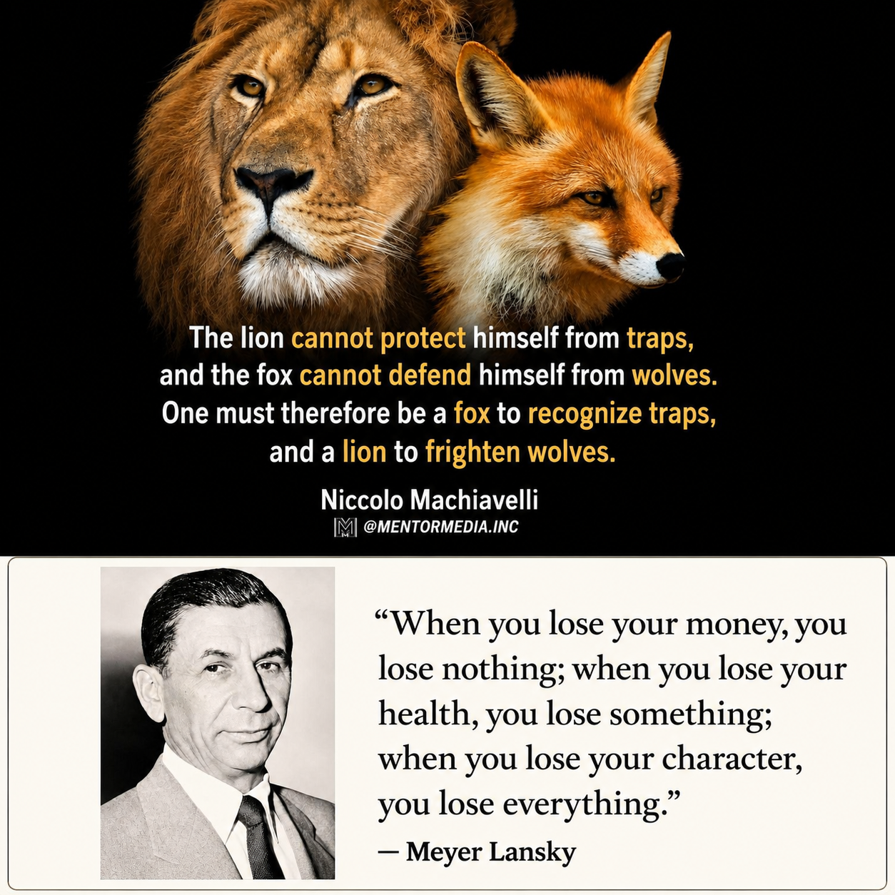 A lion and fox with a Niccolo Machiavelli quote about recognizing traps and frightening wolves, above Meyer Lansky with a quote about character.