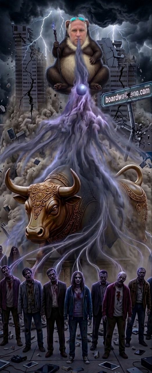 Surreal storm scene with a monkey, a charging bull, purple energy, and a line of zombies in a damaged city.