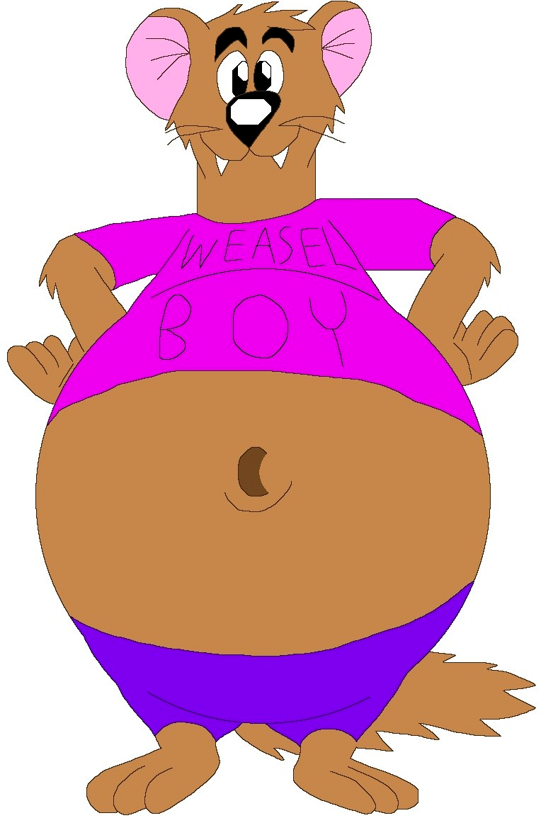 Hand-drawn cartoon character wearing a bright pink shirt reading Weasel Boy.
